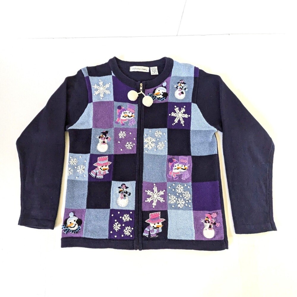 Victoria Jones Navy Ugly Christmas Sweater Cardigan S Zip Embellished Snowman